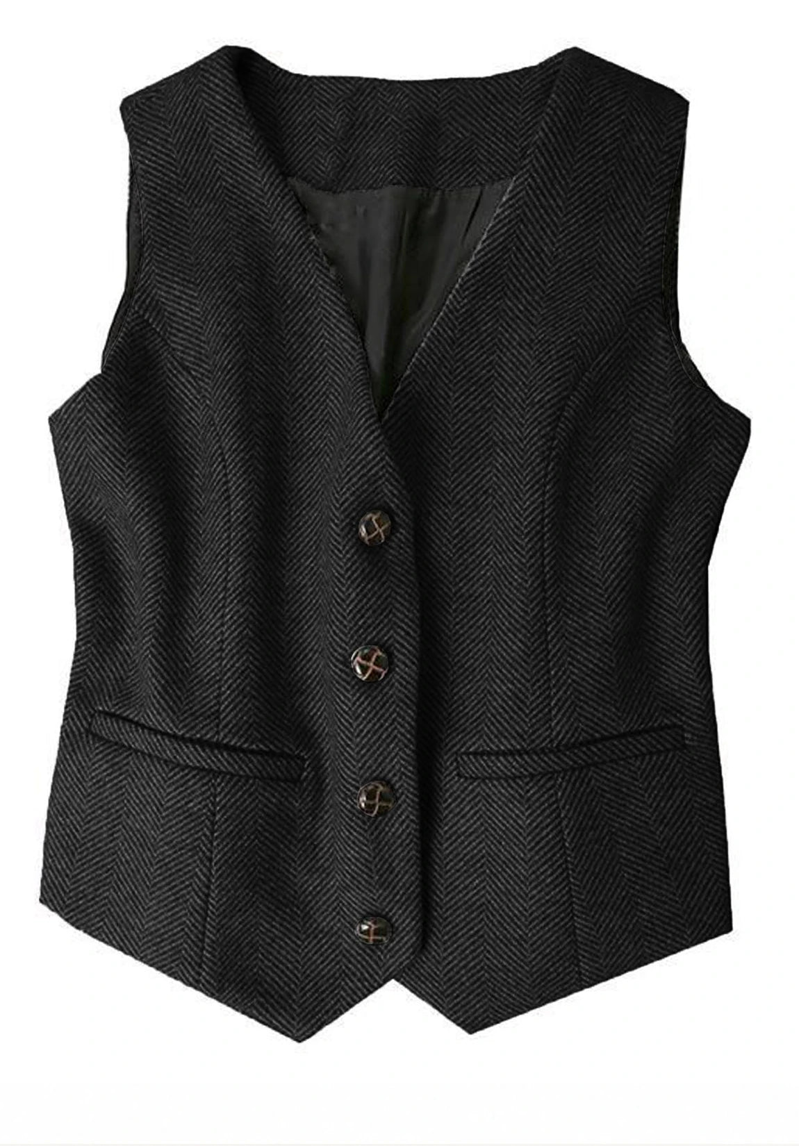 Women's Suit Vest Black Herringbone Front Styled Look