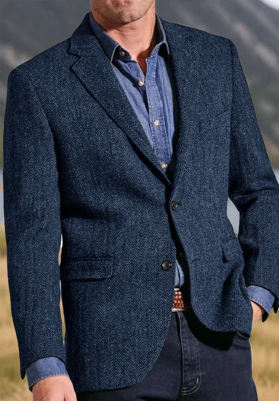 Men's tweed blazer, blue textured tweed classic-fit close-up fabric and pocket detail