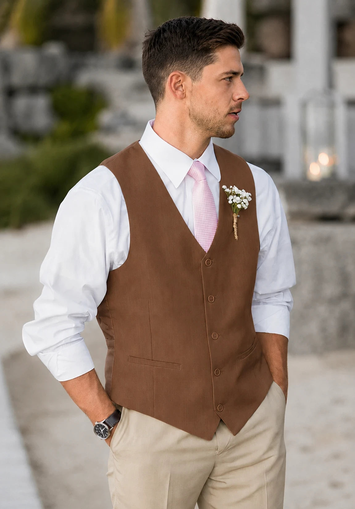Men's Suit Vest + Brown + Five-Button Design + Front Styled Look