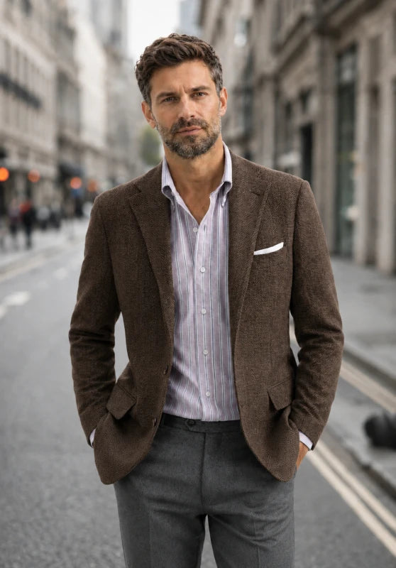 Men's tweed blazer, brown textured tweed slim-fit close-up fabric and pocket detail