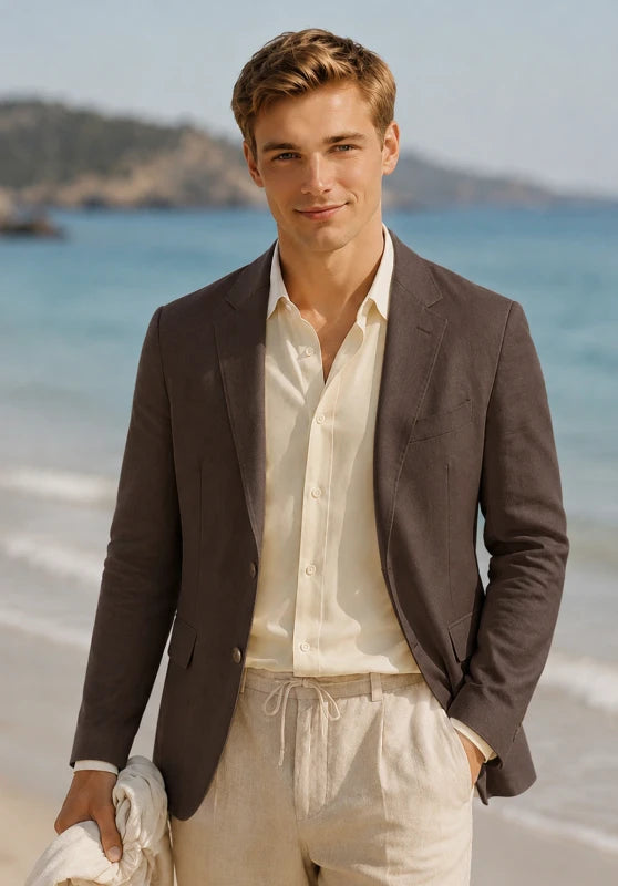 Men's linen sport coat, brown linen fabric classic-fit close-up fabric and pocket detail