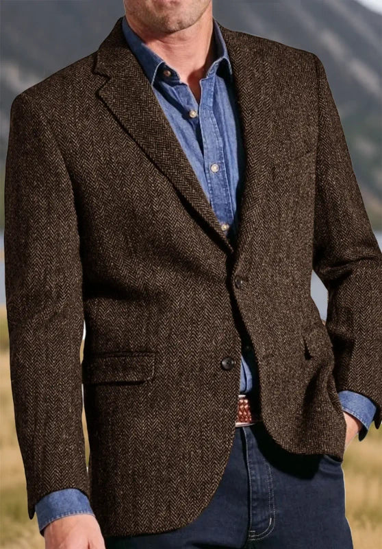 Men's tweed blazer, brown textured tweed classic-fit close-up fabric and pocket detail