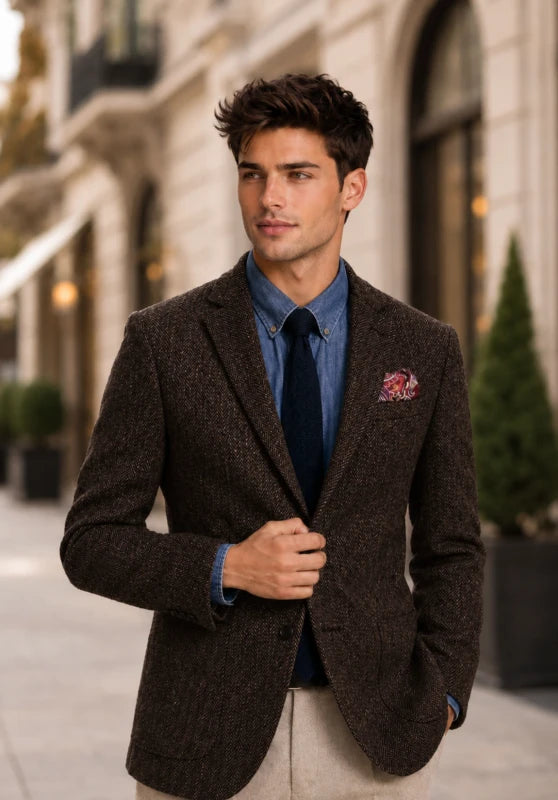 Men's herringbone tweed blazer, brown wool-blend fabric slim-fit close-up fabric and pocket detail