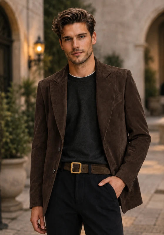 Front view of men's suede blazer in brown