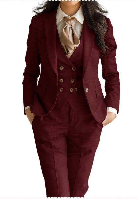 Women's 3 Piece Suits Front View Burgundy, Formal Office Wear 