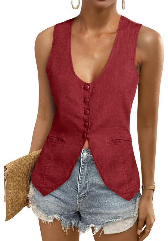 Women's Linen Vest  Blue Front Casual Outfit Look