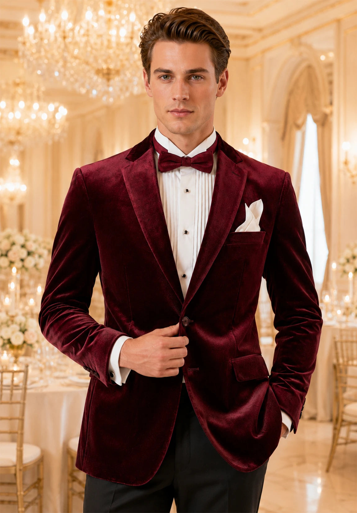 Men's burgundy velvet jacket