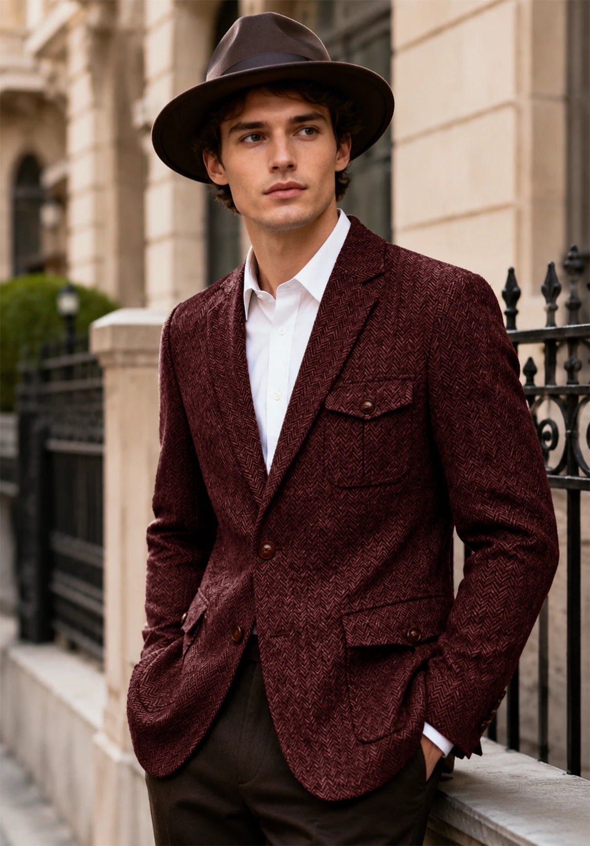Men's burgundy herringbone jacket