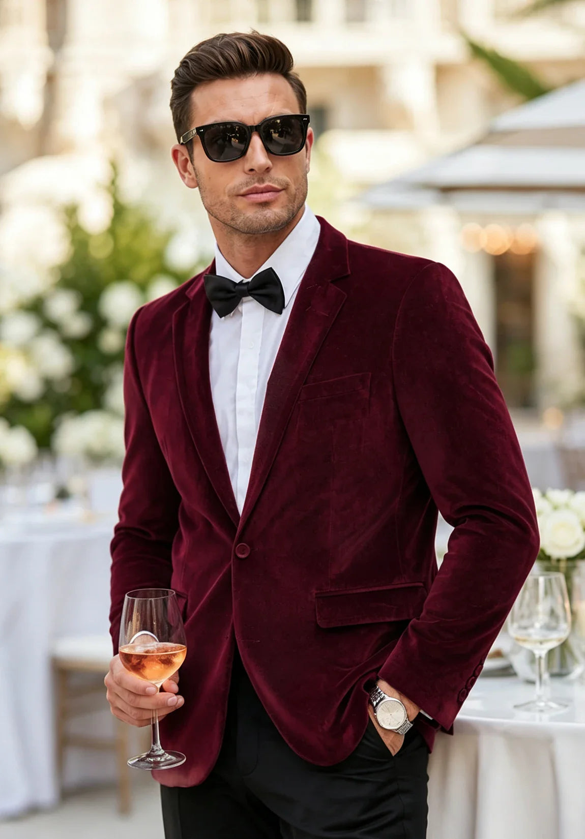 Men's burgundy velvet jacket
