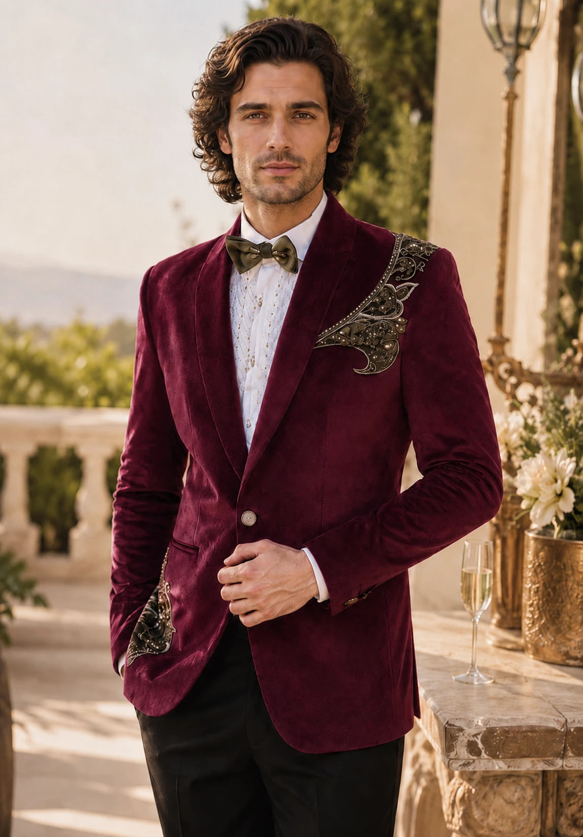 Men's burgundy velvet jacket