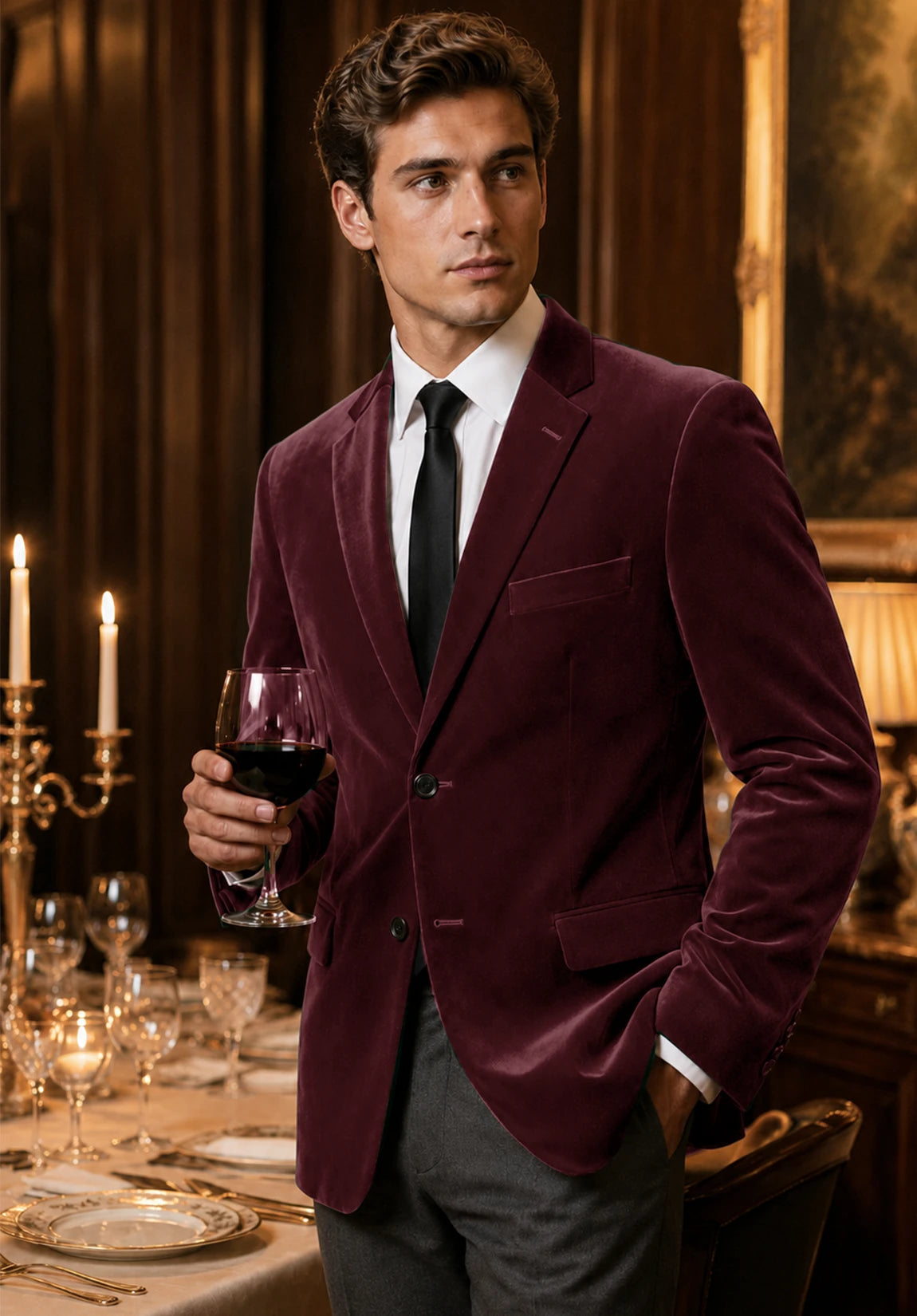 Men's burgundy velvet jacket