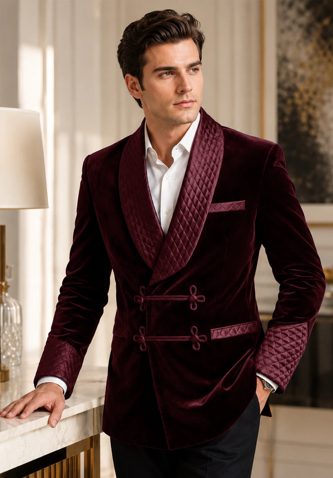 Men's burgundy velvet jacket