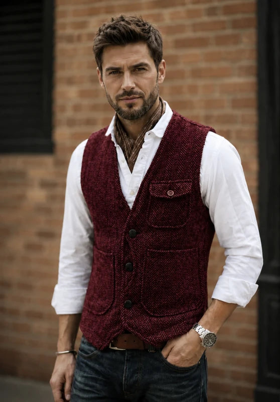 Men's burgundy tweed vest