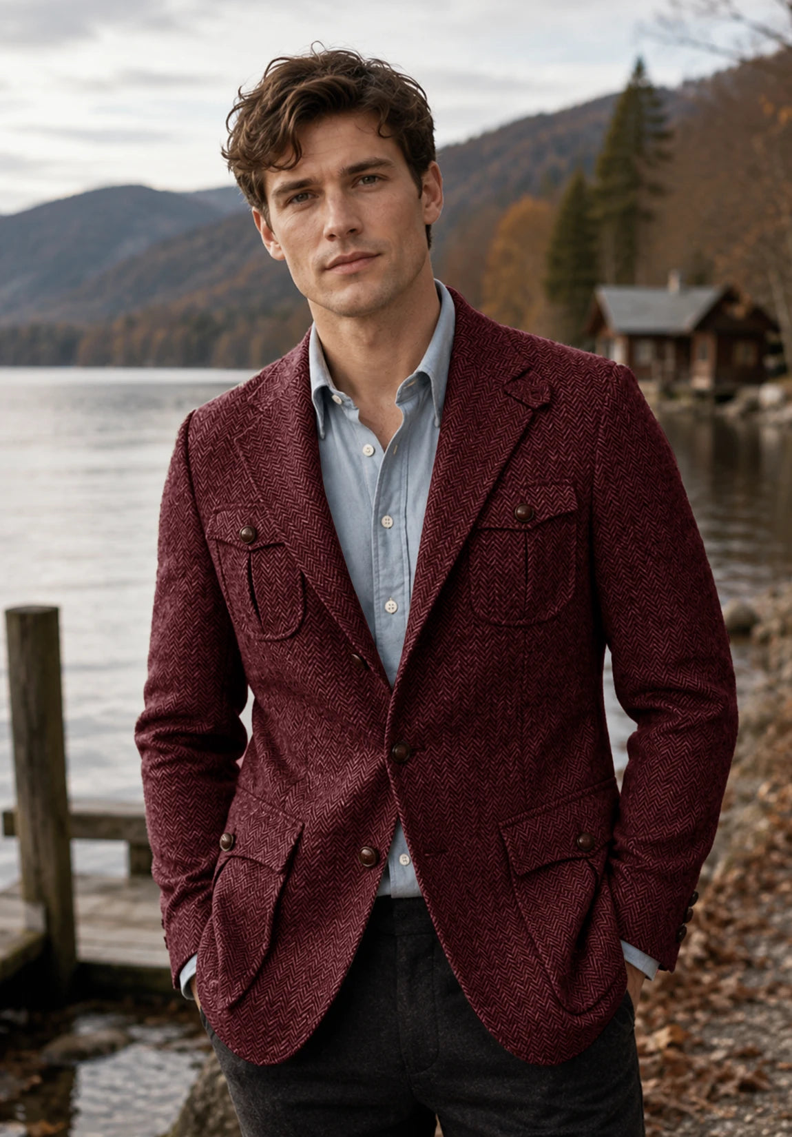 Men's burgundy herringbone jacket