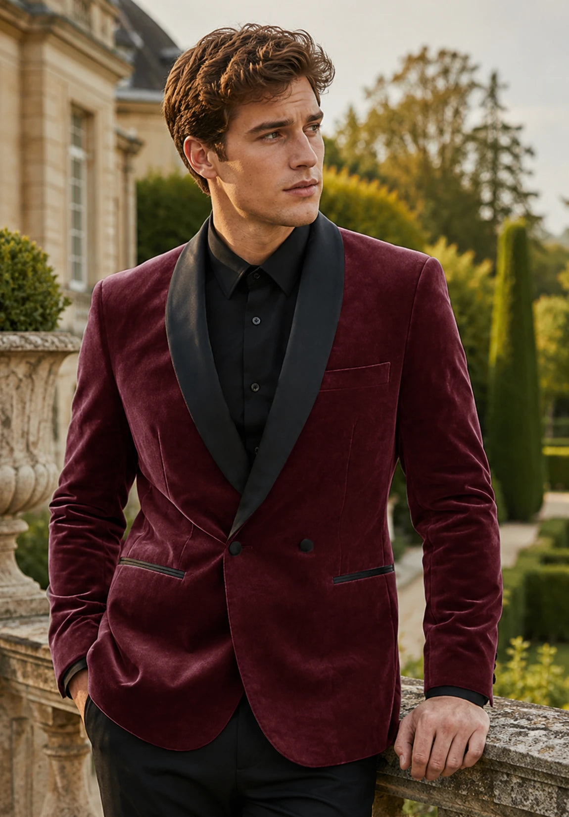 Men's burgundy velvet jacket