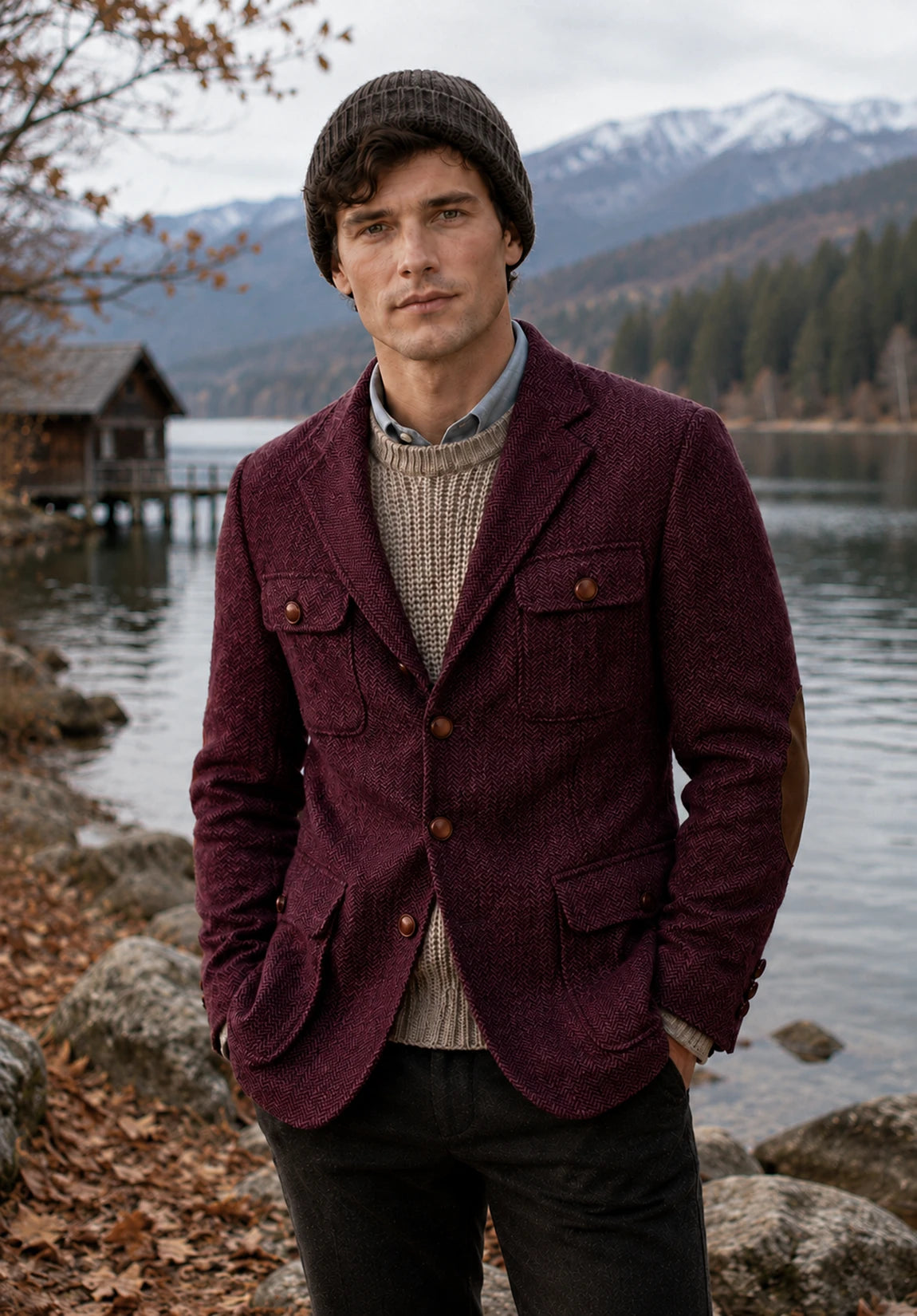 Men's burgundy herringbone jacket