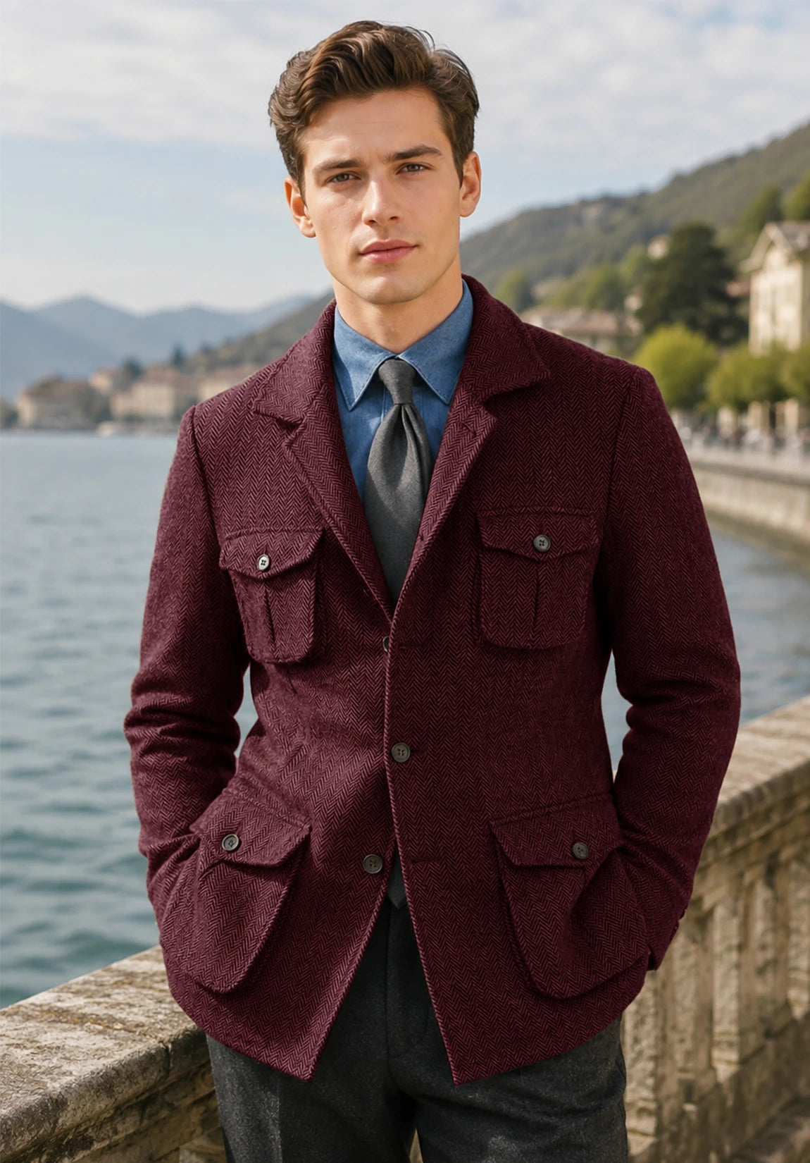 Men's burgundy herringbone jacket