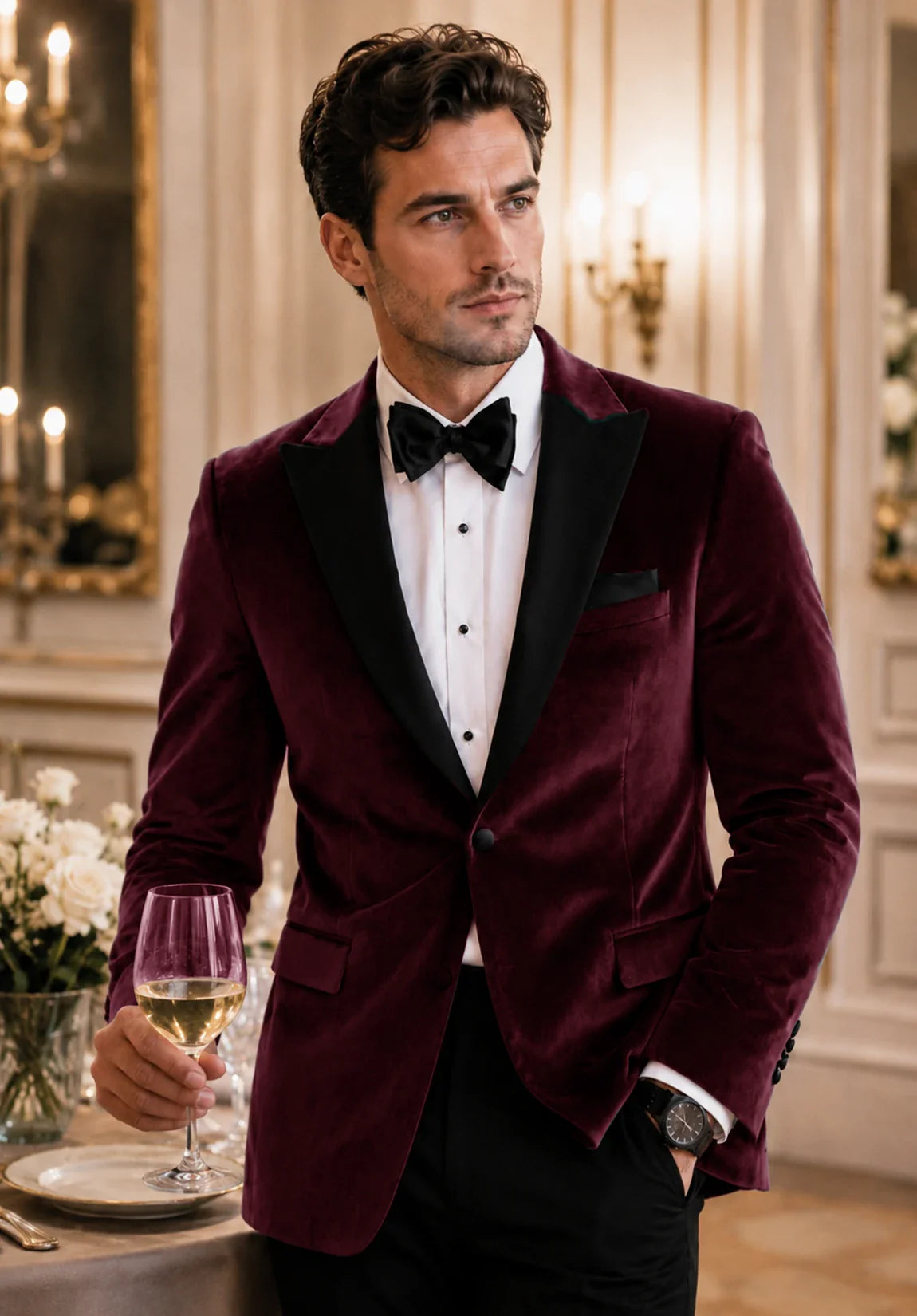 Men's burgundy velvet jacket
