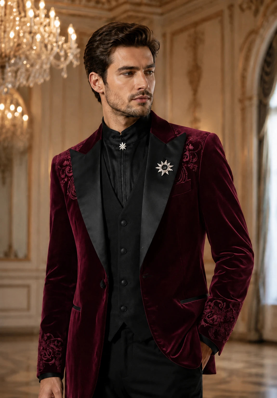 Men's burgundy velvet jacket