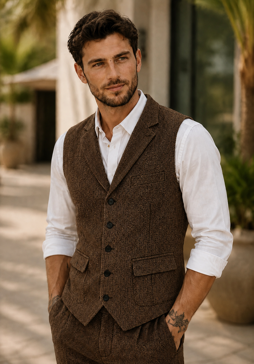 Men's Suit Vest Coffee Herringbone Front Styled Look