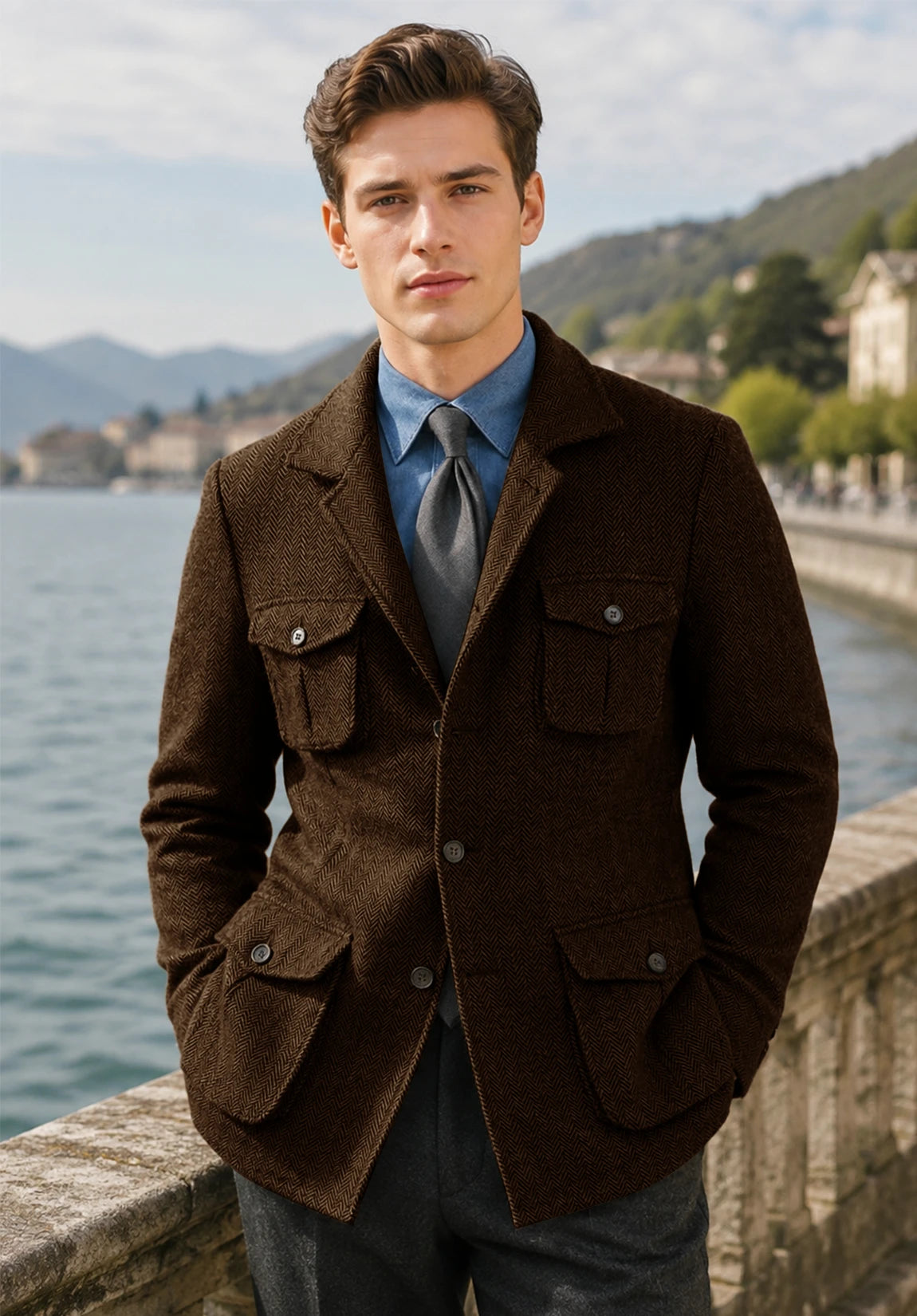 Men's coffee herringbone jacket