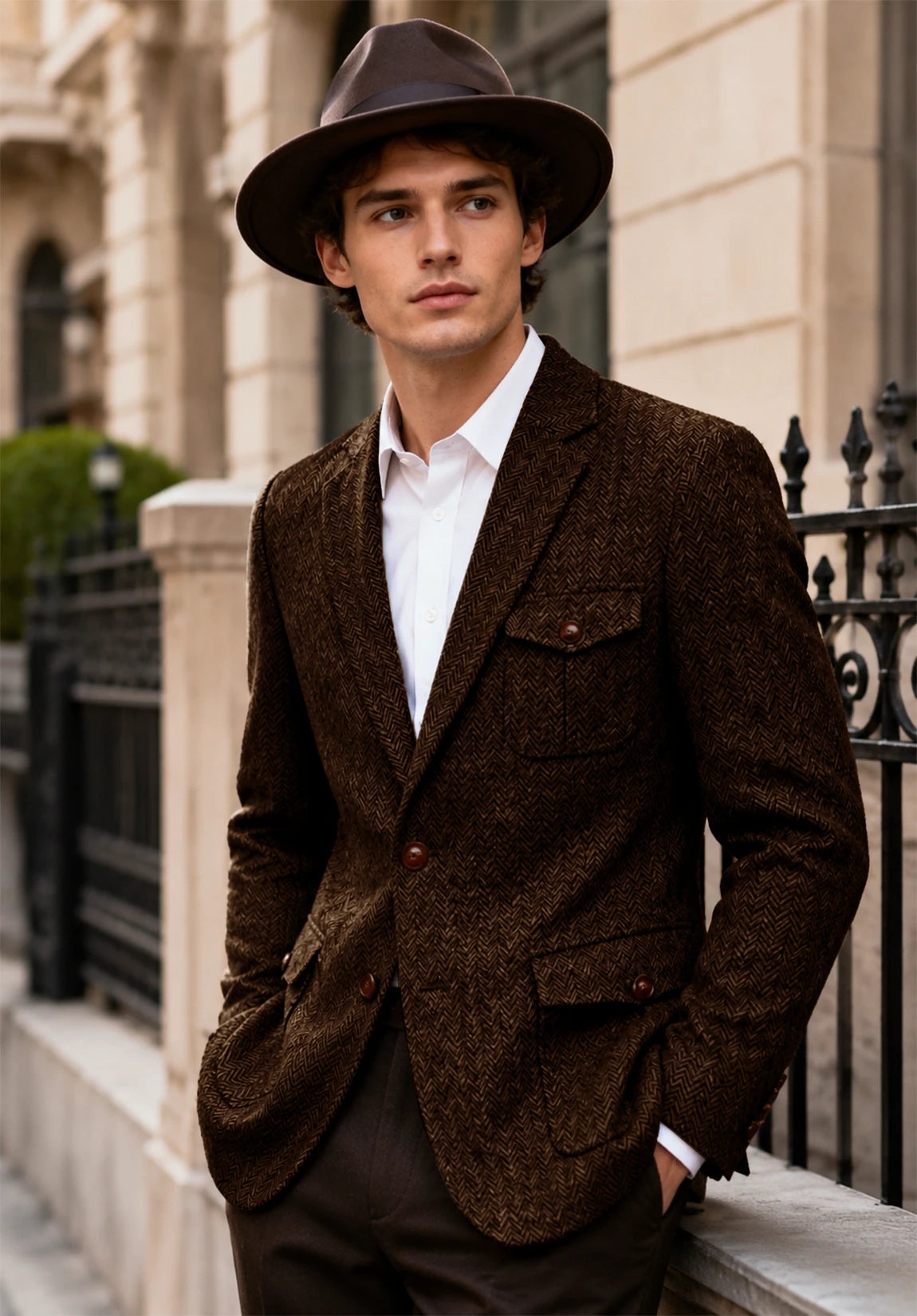Men's coffee herringbone jacket