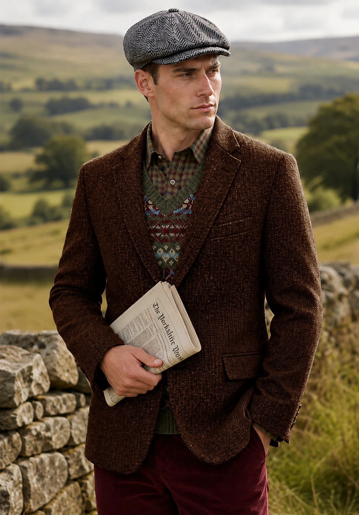 Men's coffee herringbone jacket