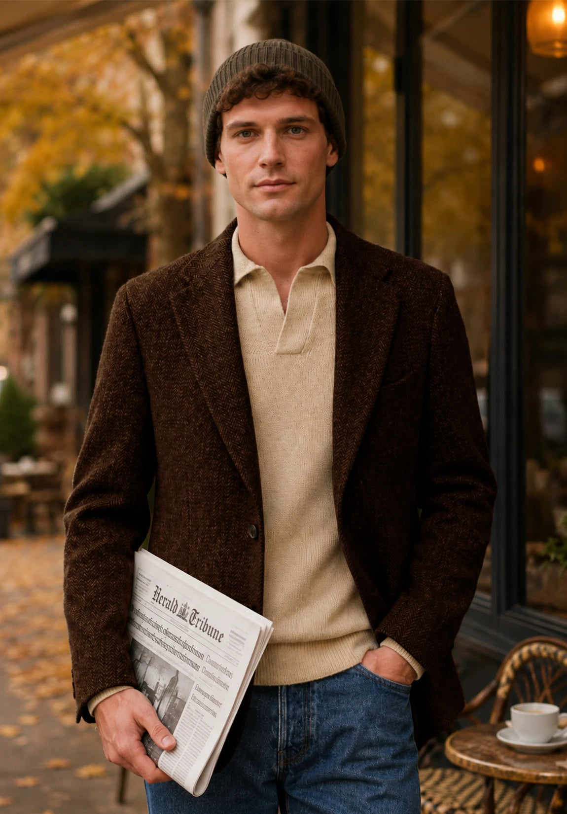 Men's coffee herringbone jacket