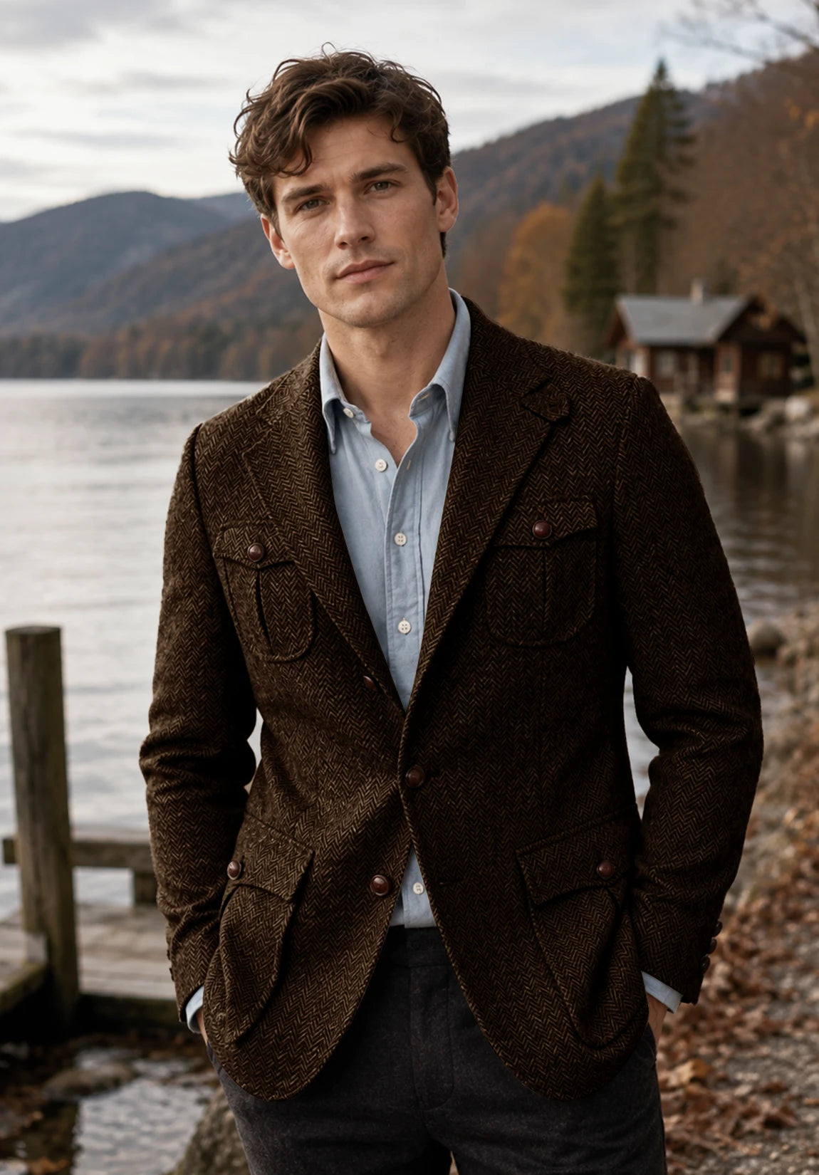 Men's coffee herringbone jacket