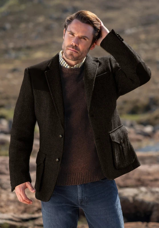 Men's tweed blazer, camel textured tweed slim-fit close-up fabric and pocket detail