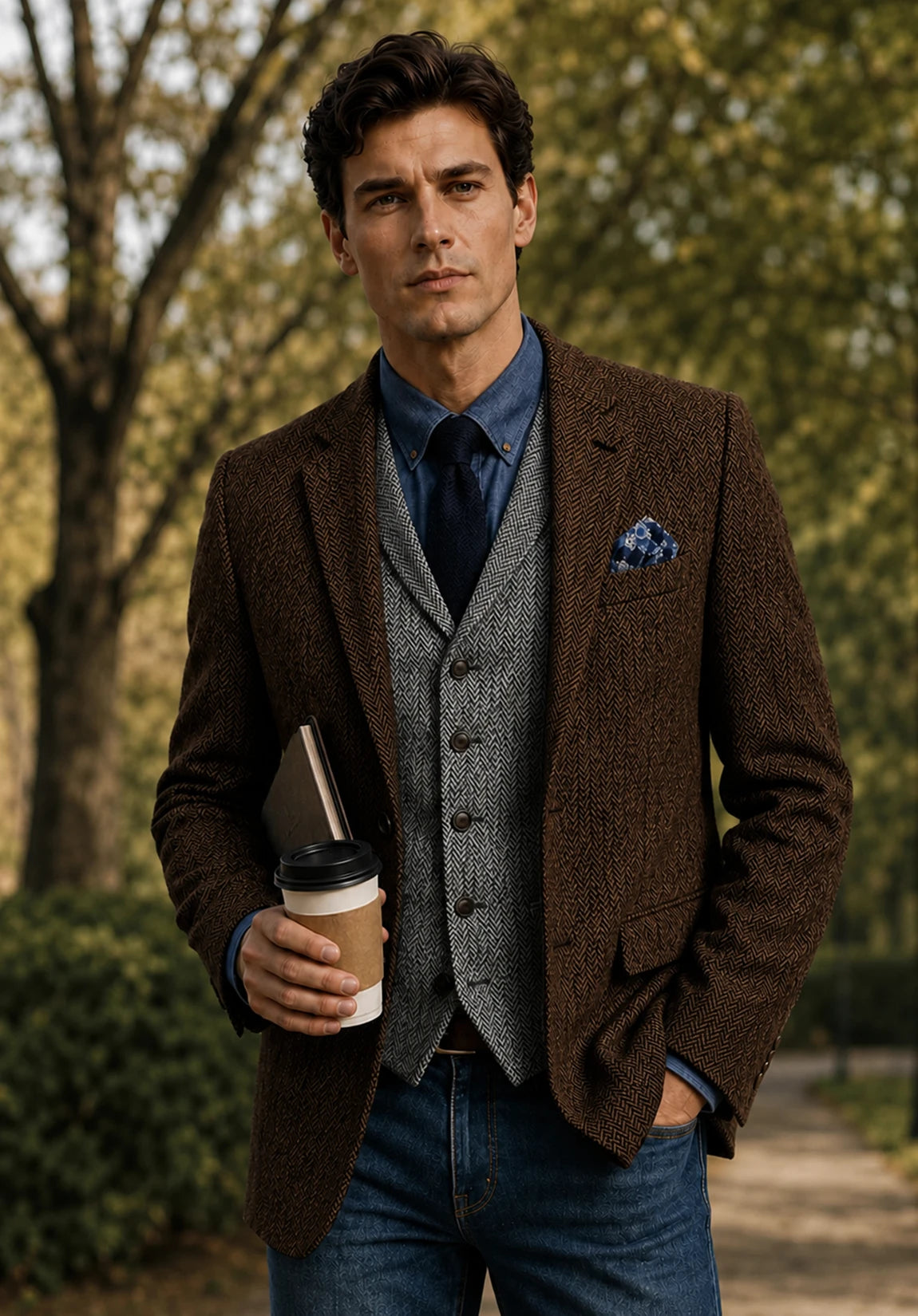 Men's coffee herringbone jacket