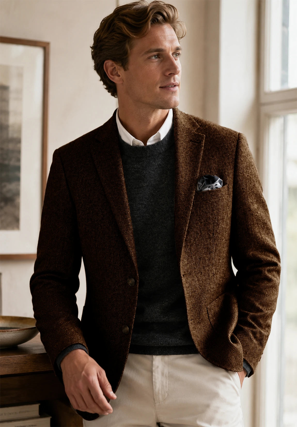 Men's coffee herringbone jacket