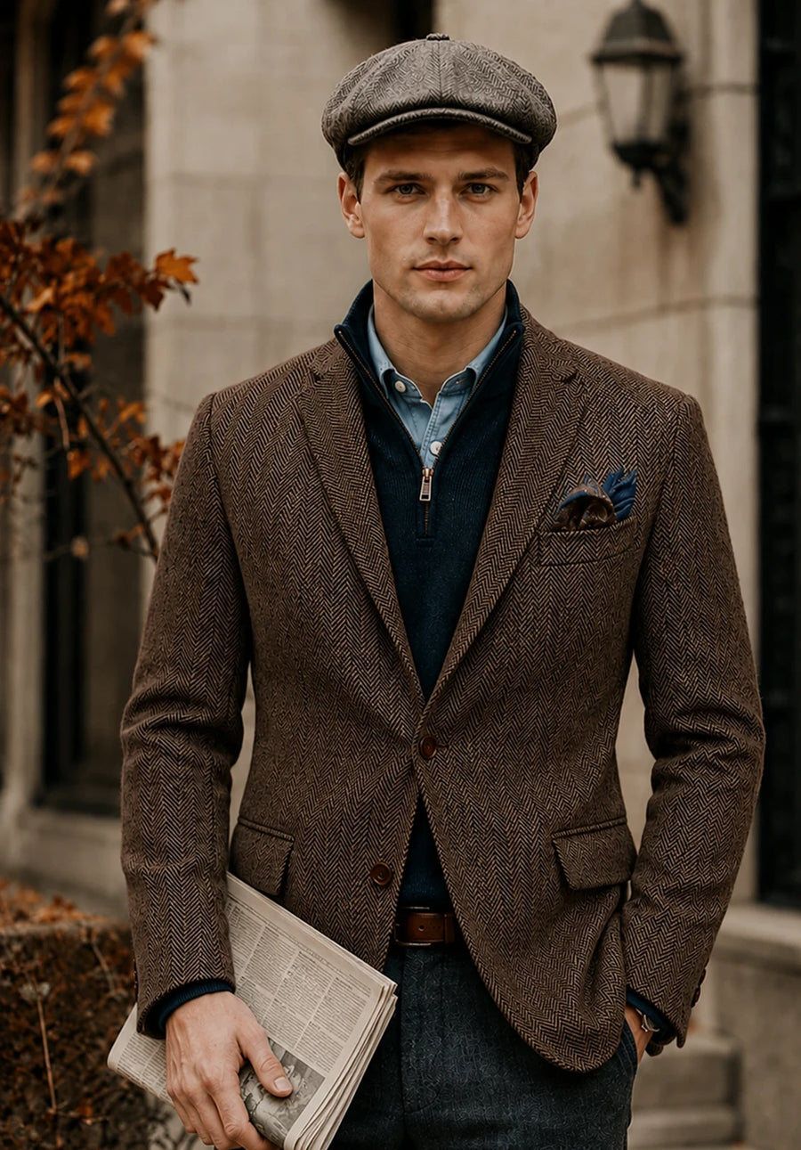Men's coffee herringbone jacket