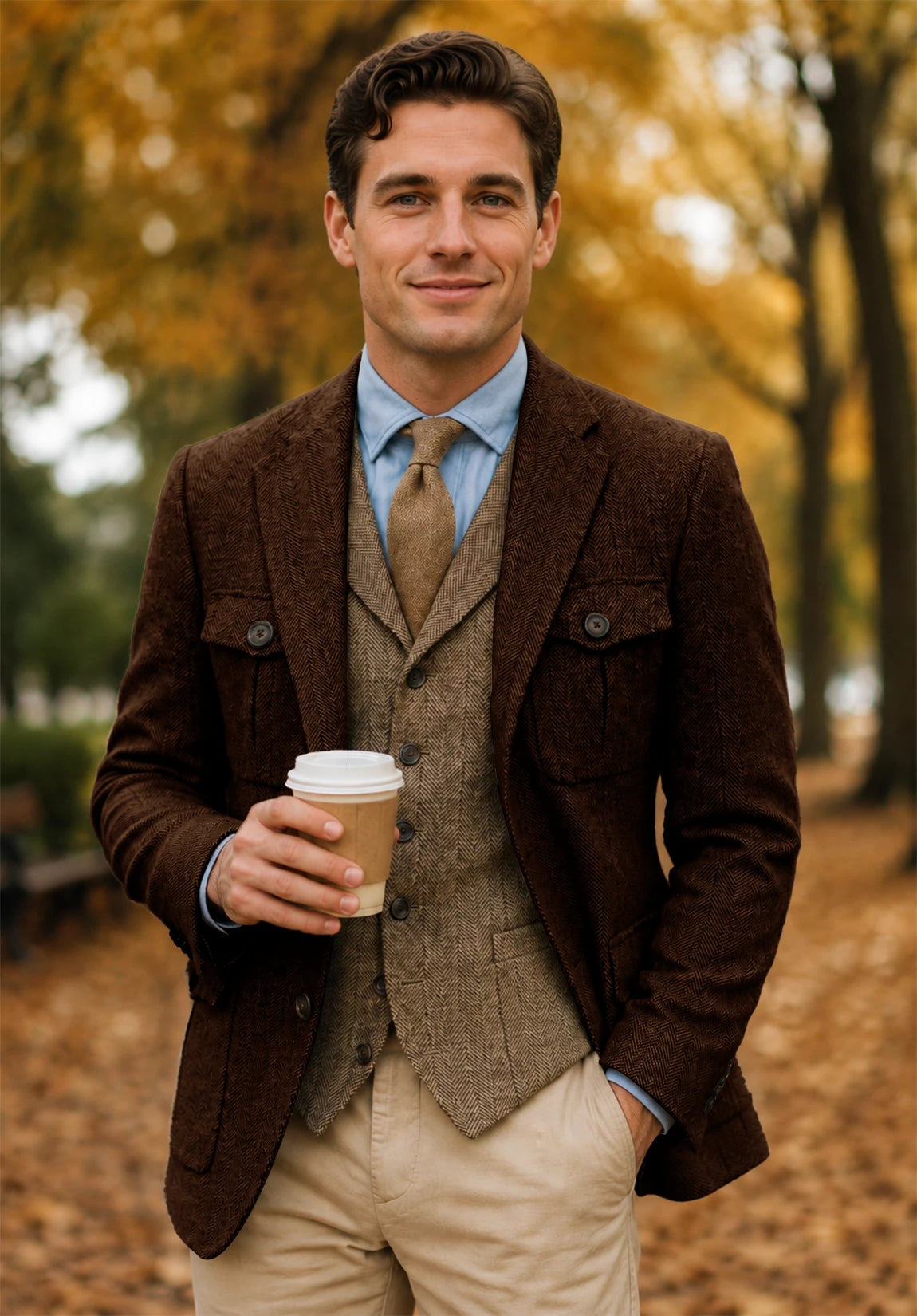 Men's coffee herringbone jacket