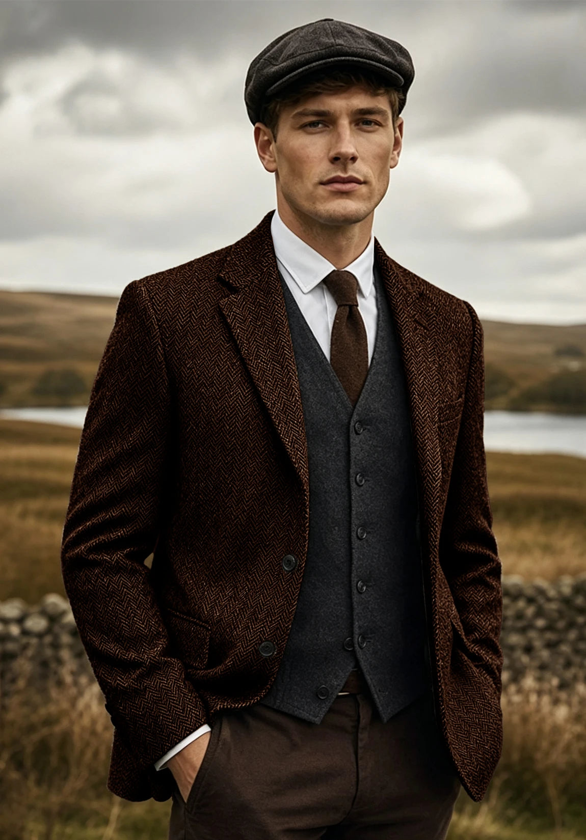 Men's coffee herringbone jacket