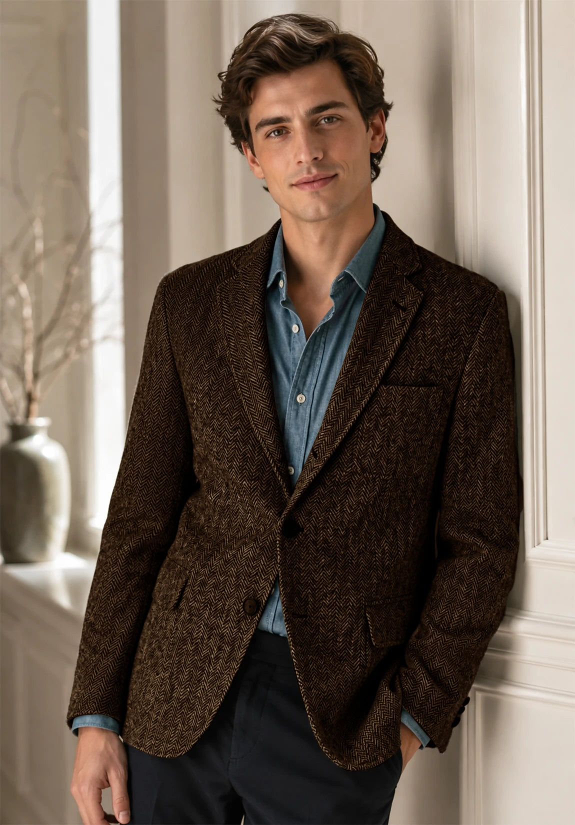 Men's coffee herringbone jacket