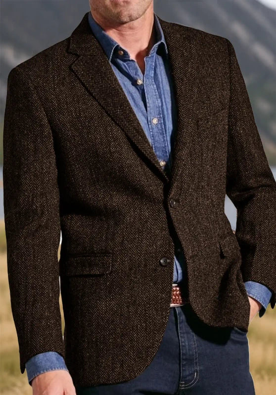 Men's tweed blazer, camel textured tweed classic-fit close-up fabric and pocket detail