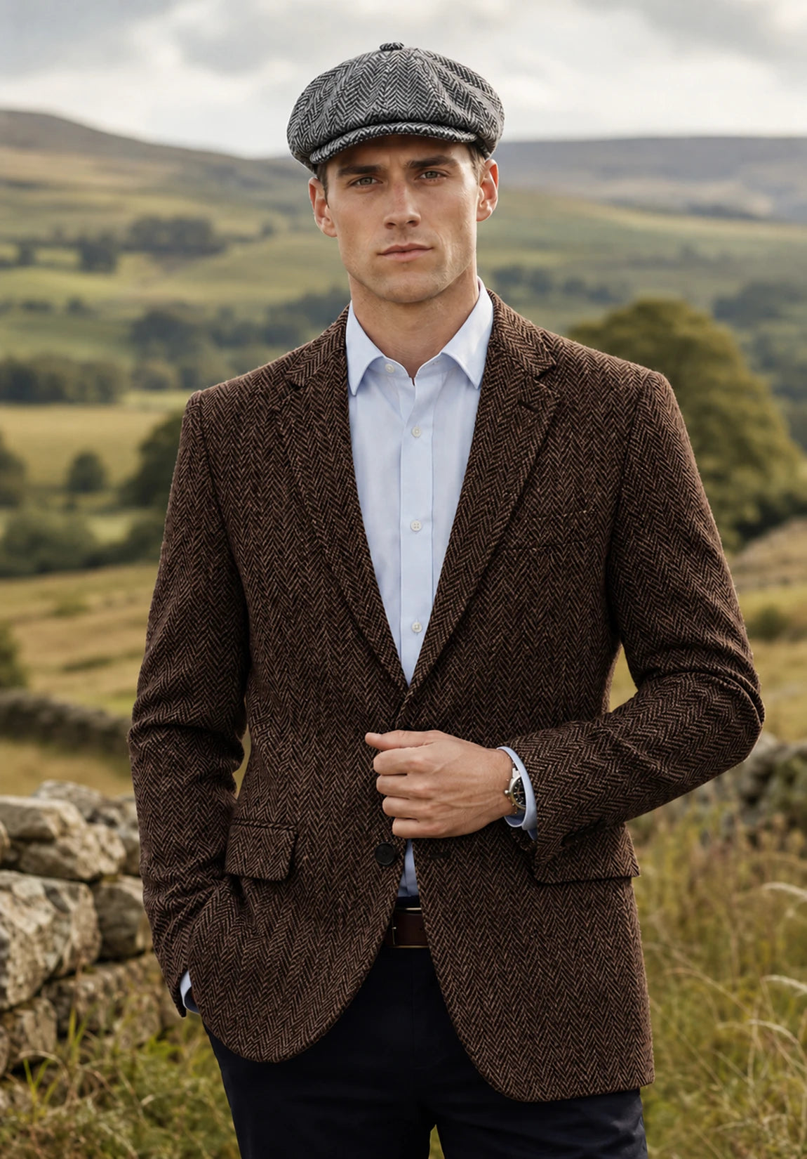 Men's coffee herringbone jacket