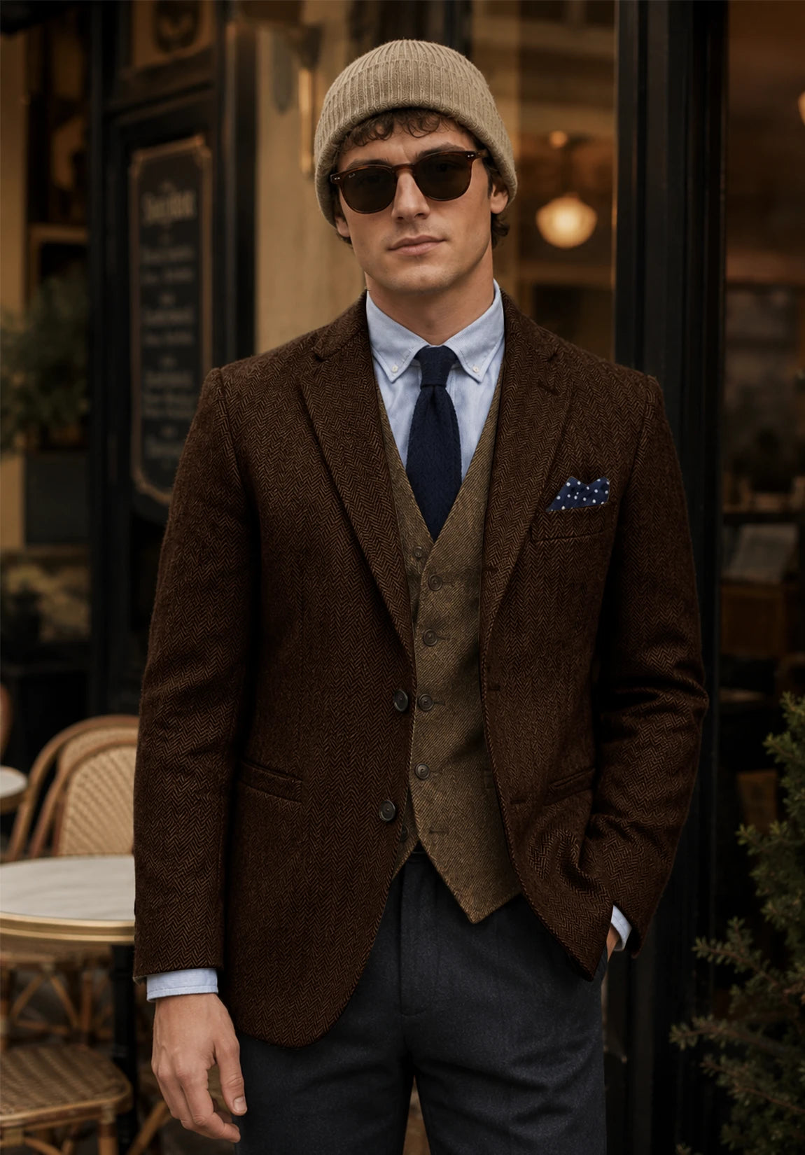 Men's coffee herringbone jacket