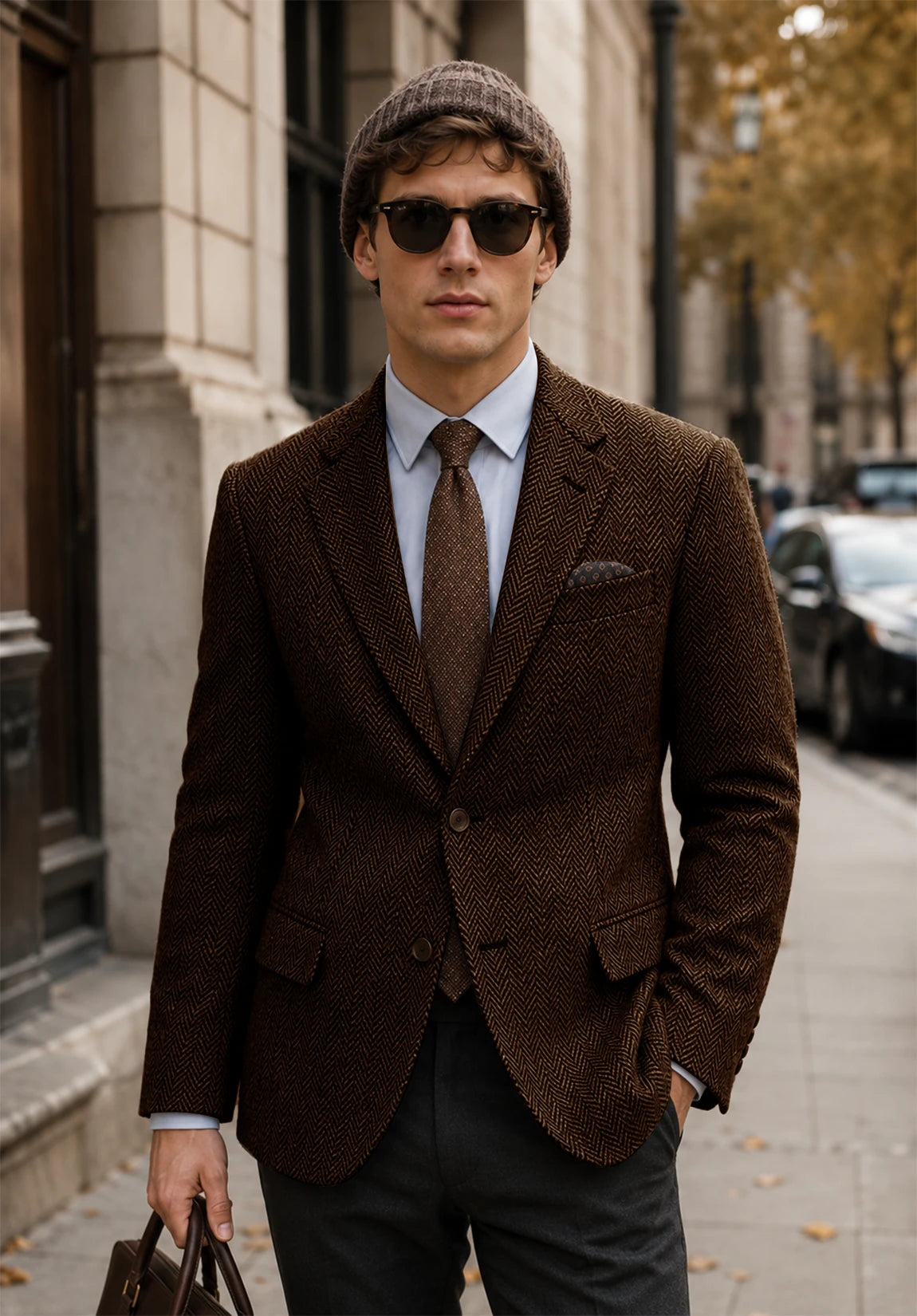 Men's coffee herringbone jacket