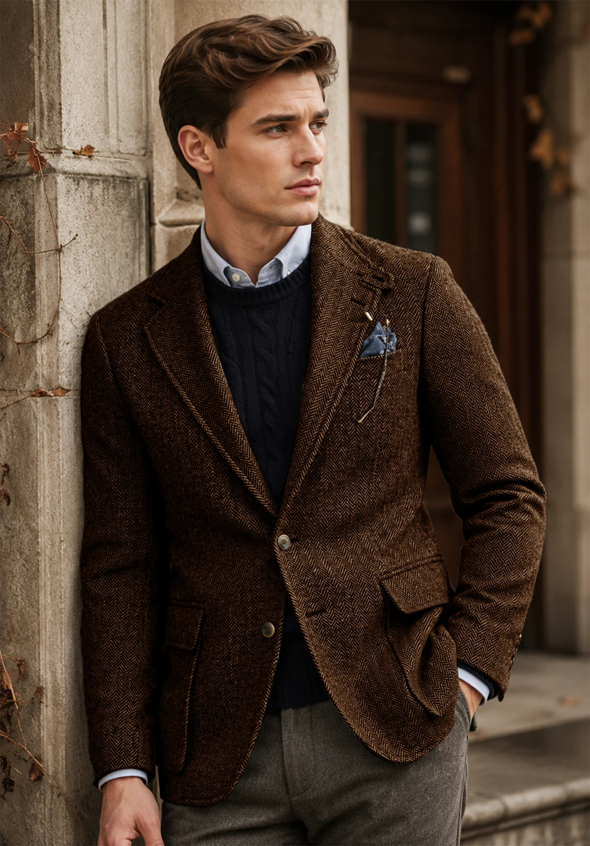 Men's coffee herringbone jacket