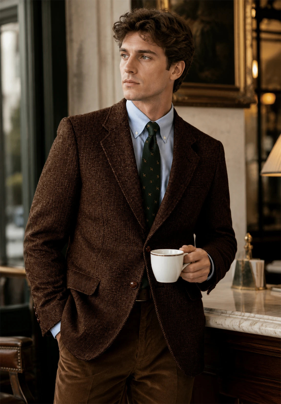 Men's coffee herringbone jacket