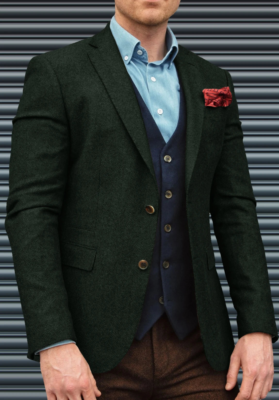 Men's Suit Blazer Dark Green Herringbone Front Styled Look