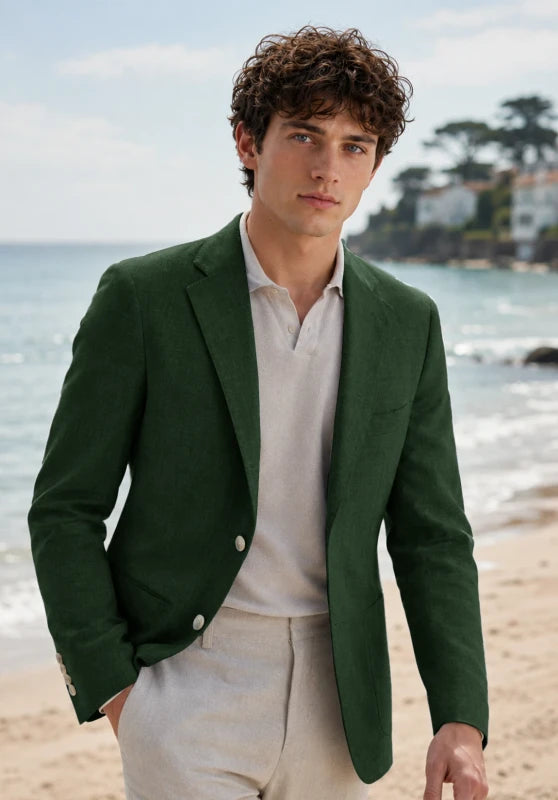 Men's Dark Green Linen Blazer Jacket