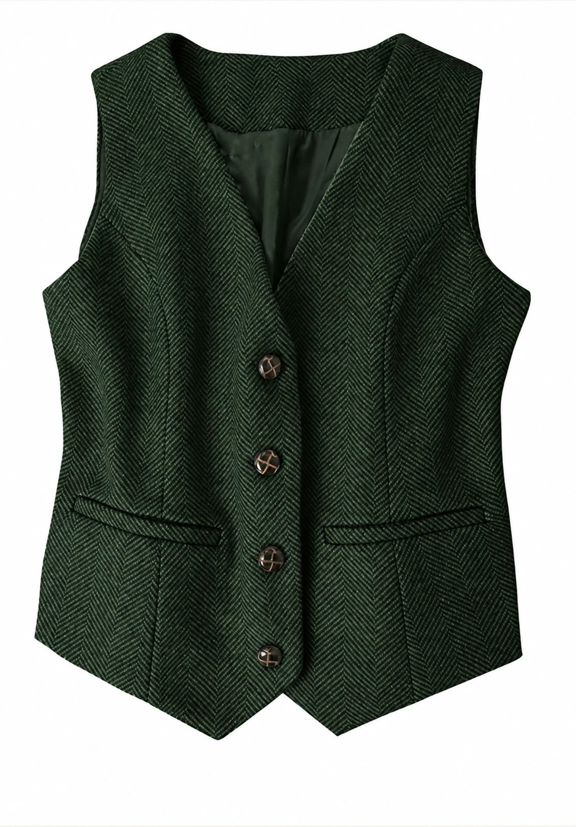 Women's Suit Vest Dark Green Herringbone Front Styled Look