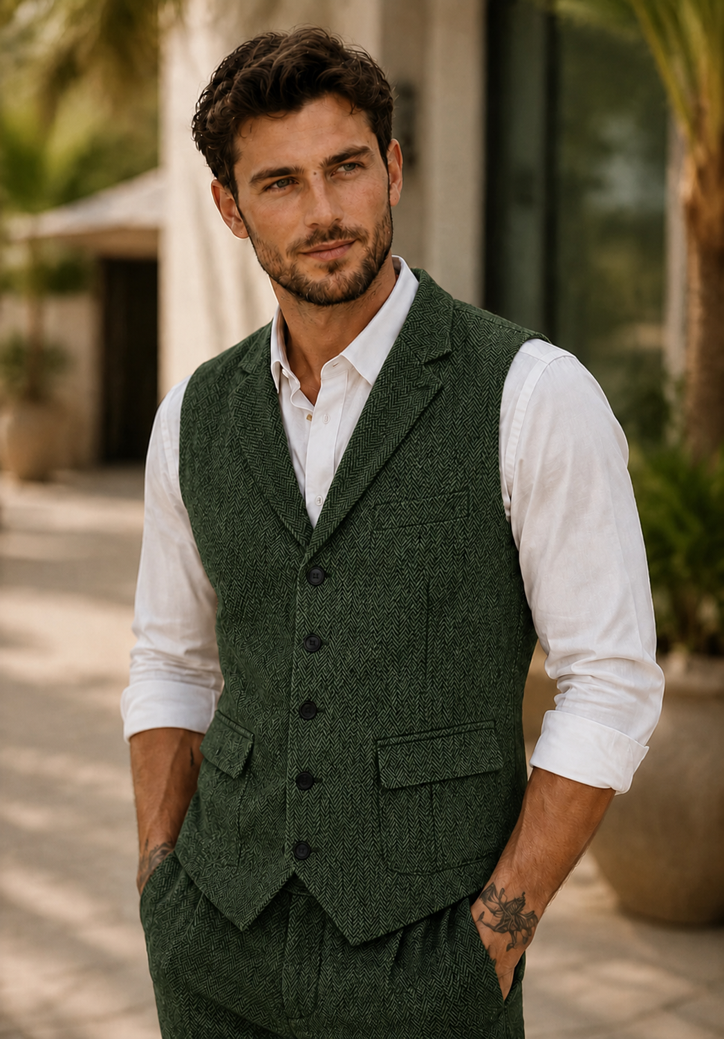 Men's Suit Vest  Dark Green  Herringbone  Front Styled Look
