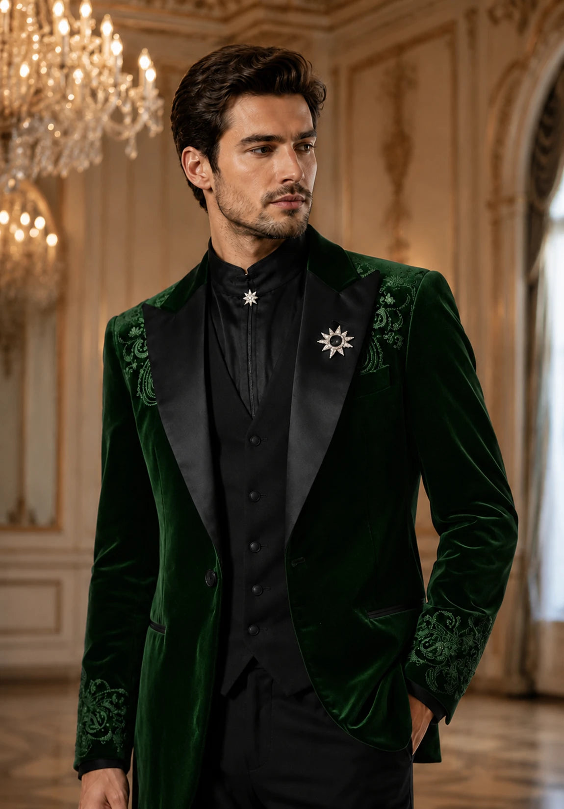 Men's dark green velvet jacket