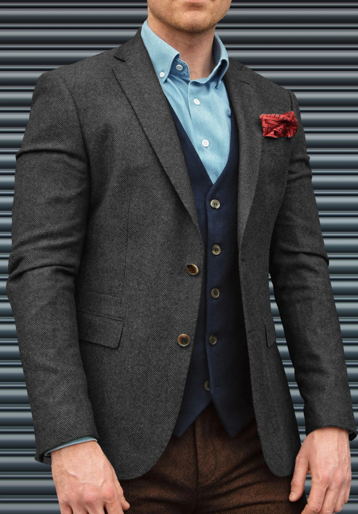 Men's Suit Blazer  Dark Grey  Herringbone  Front Styled Look