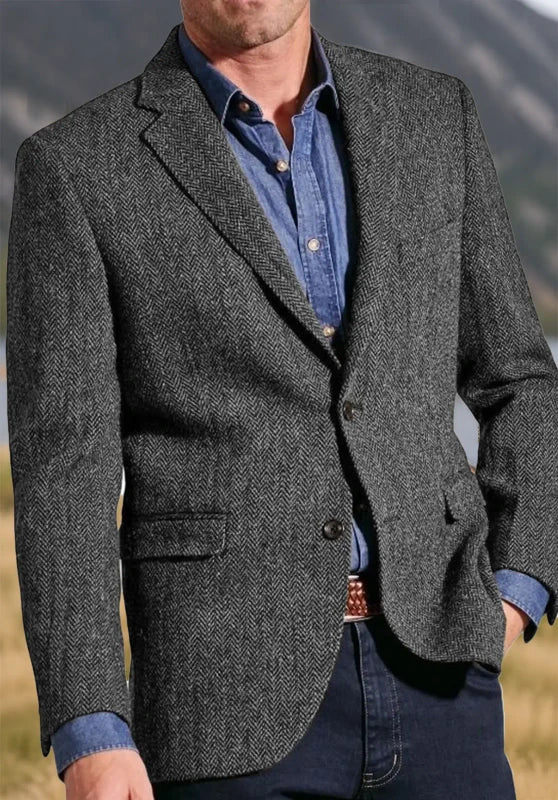 Men's tweed blazer, dark grey textured tweed classic-fit close-up fabric and pocket detail