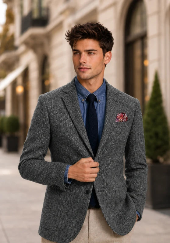 Men's herringbone tweed blazer, dark grey wool-blend fabric slim-fit close-up fabric and pocket detail